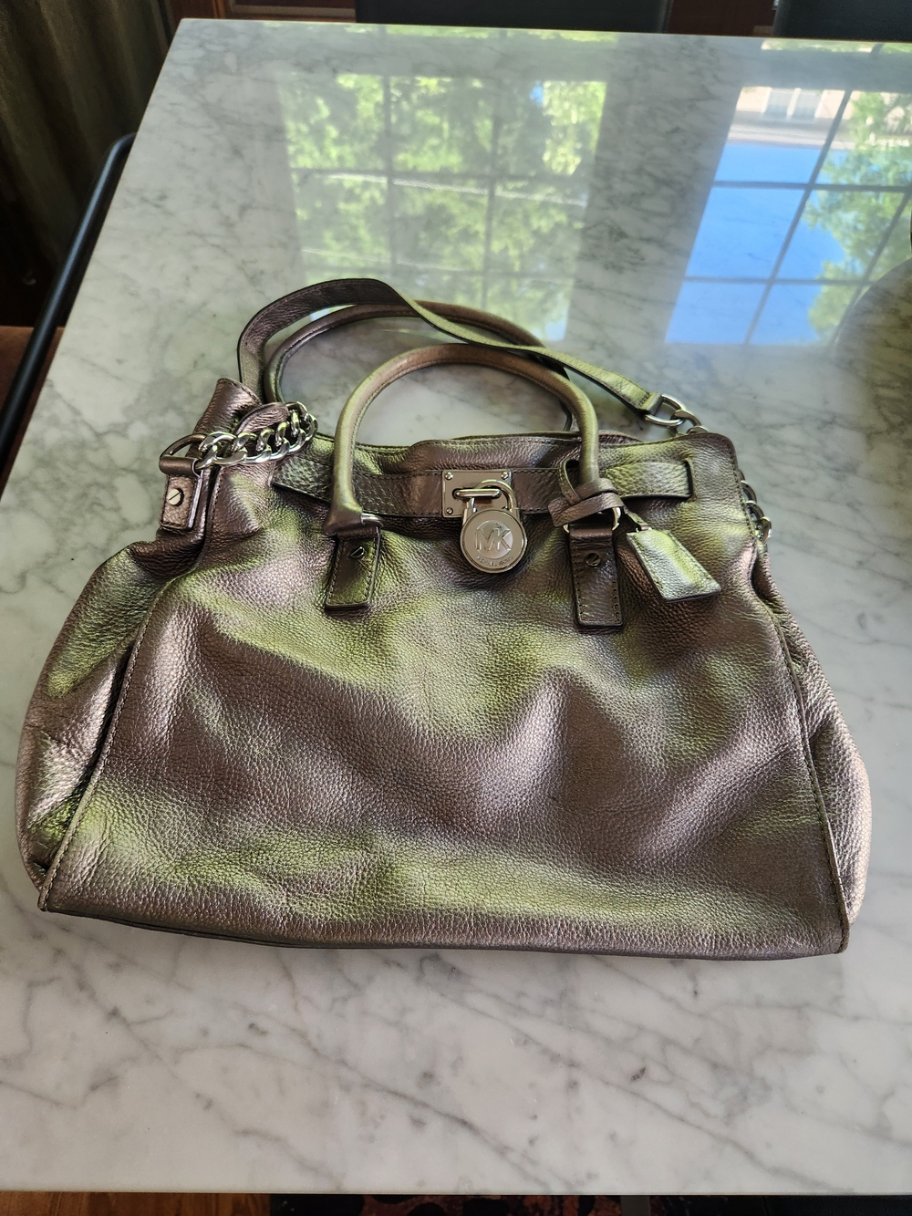 Michael Kors Iridescent Metallic Satchel - Pewter Sheen Color, USED.